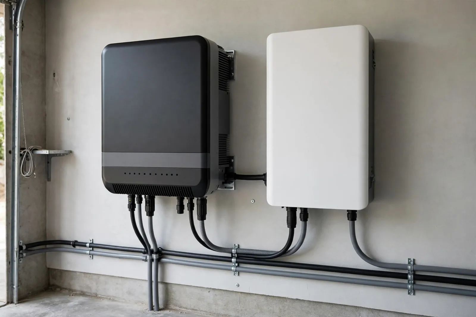 A solar inverter and battery installed in a home garage