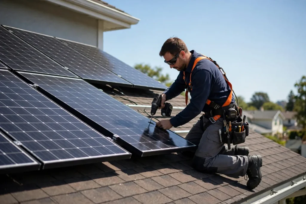 An installer fitting solar panels on a house roof