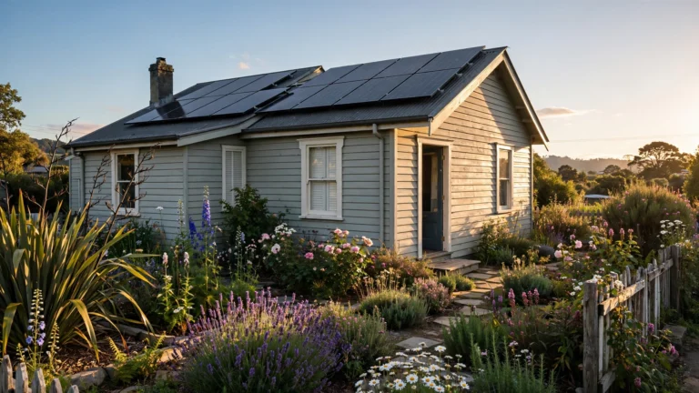 Solar panels on the roof of a New Zealand weatherboard home in late afternoon light