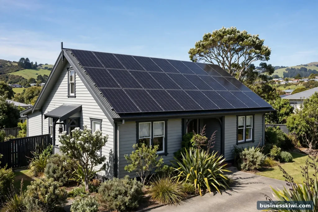 A large solar panel array on a house roof