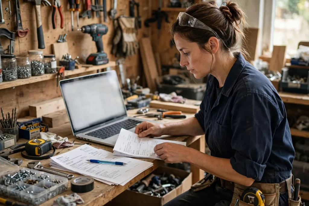 A sole trader doing her business paperwork in a workshop