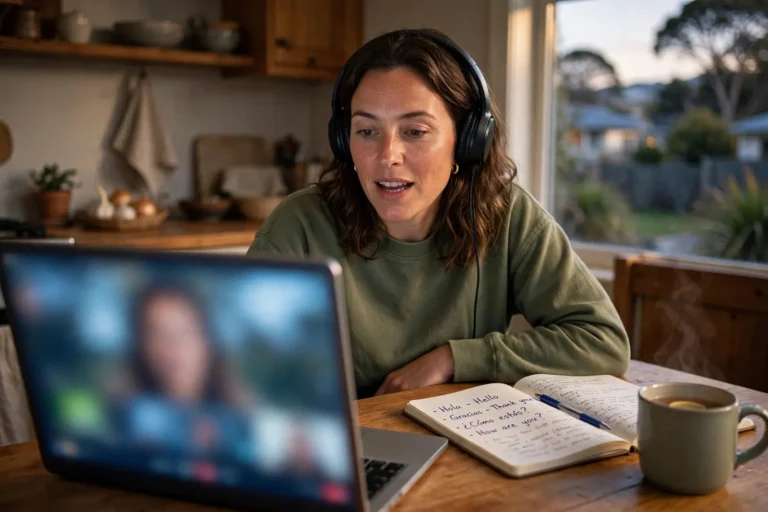 Adult learner in New Zealand taking a live Spanish class online by video call, wearing headphones at a laptop with a notebook of Spanish vocabulary beside them