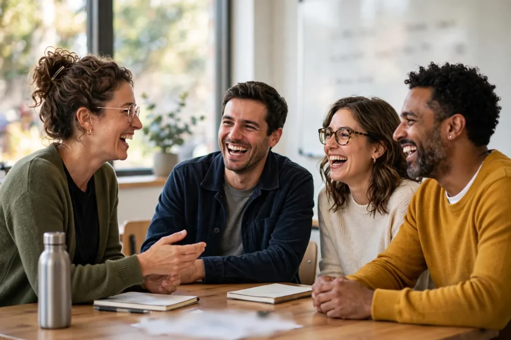 Adult students laughing during a group Spanish class