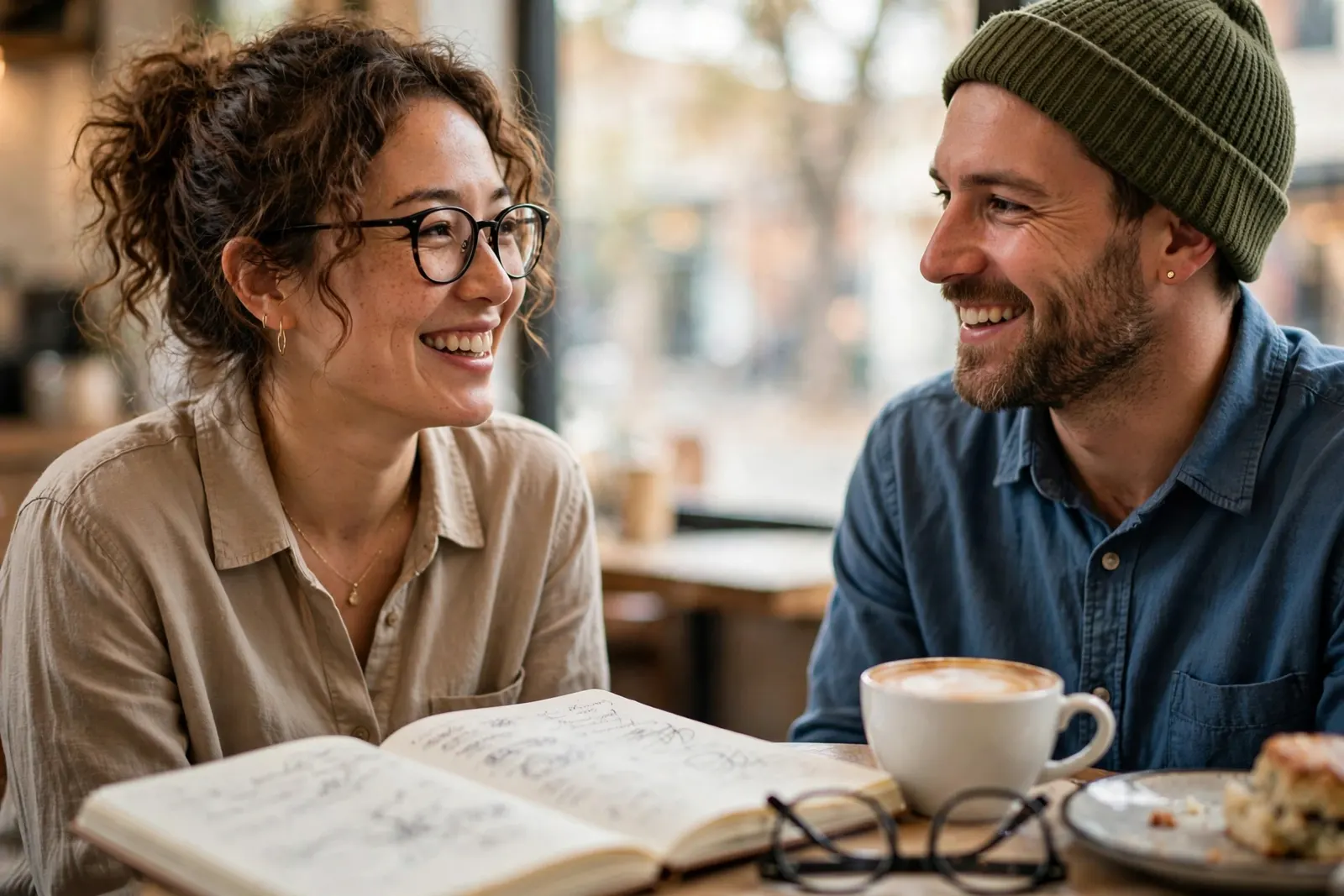 Adult learner practising Spanish conversation with a tutor at a café table in New Zealand, notebook open beside a cup of coffee