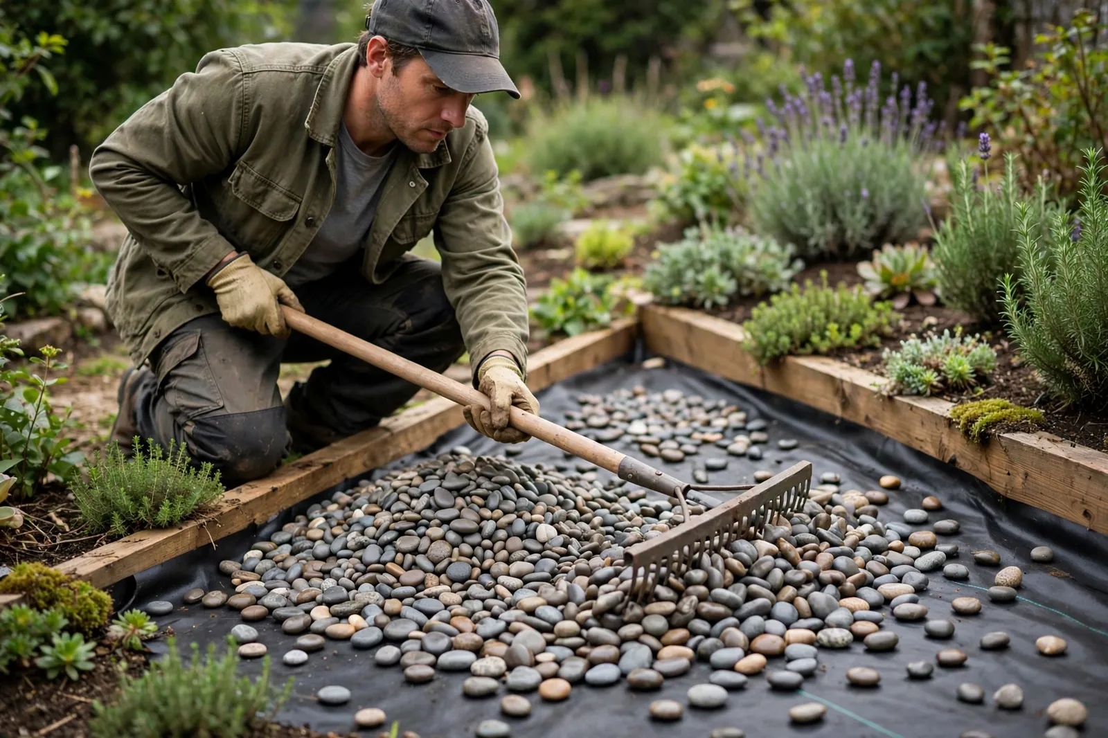 Spreading decorative pebbles over weed membrane in a garden bed