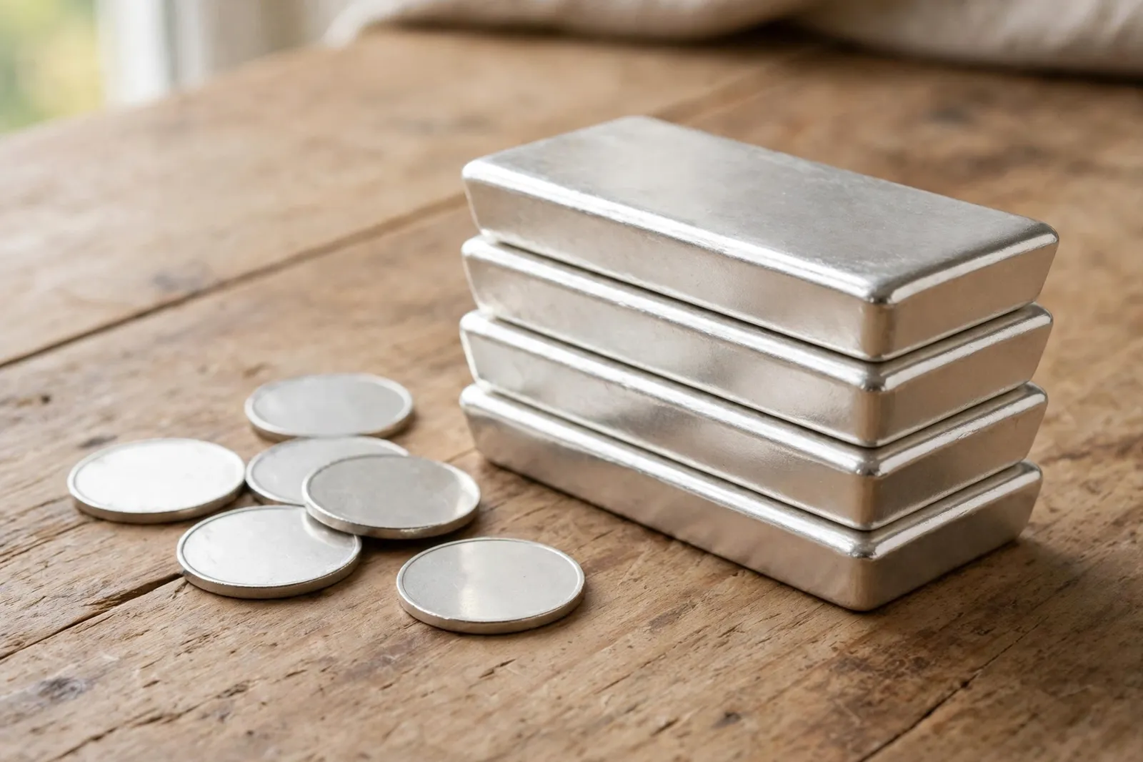 A stack of plain silver bars beside blank silver coins on a wooden desk