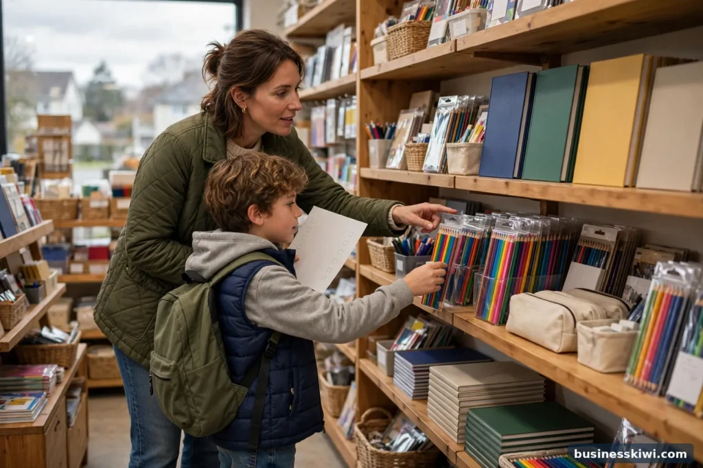 A parent and child choosing school stationery
