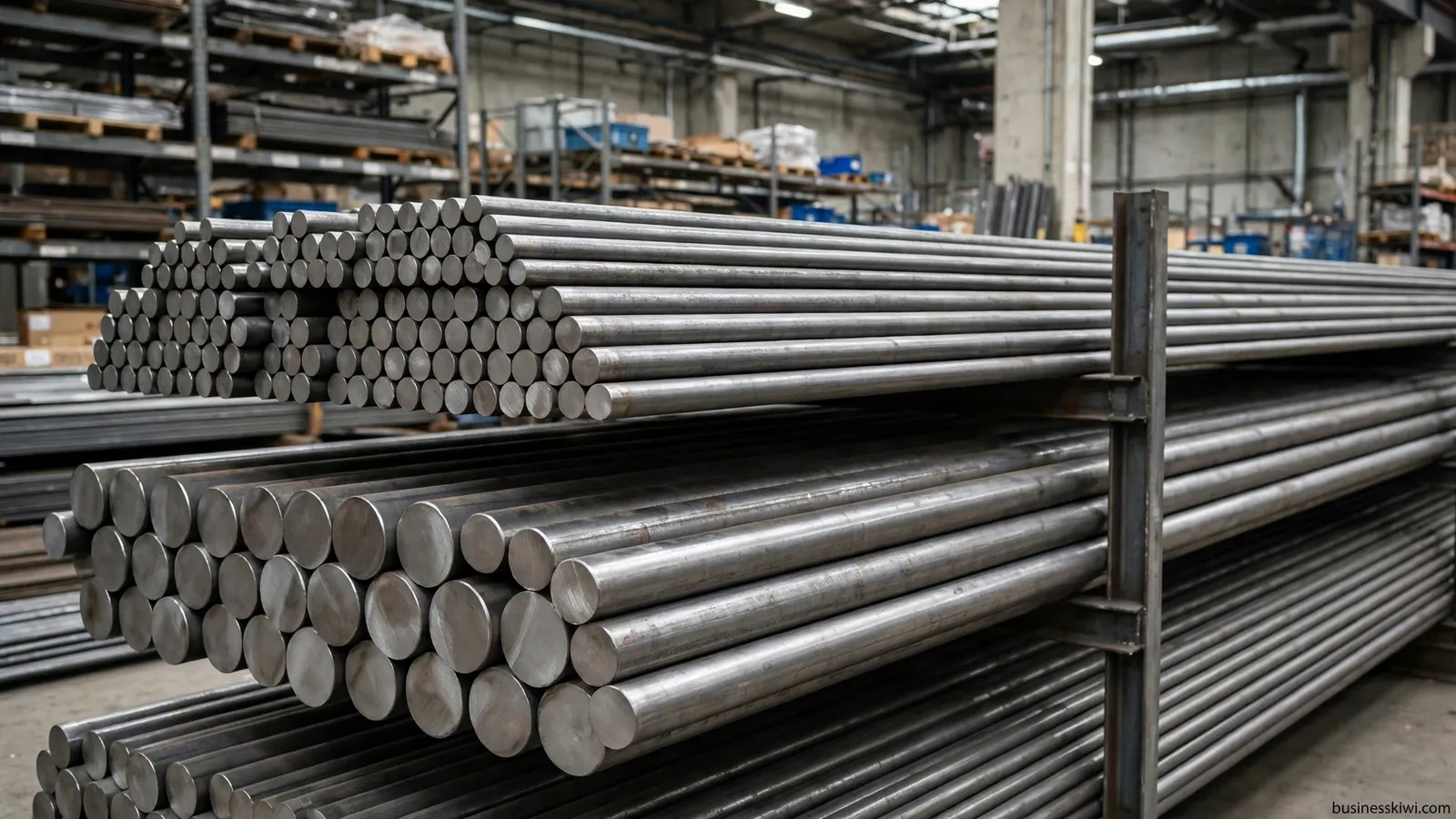 Steel round bars on a warehouse rack