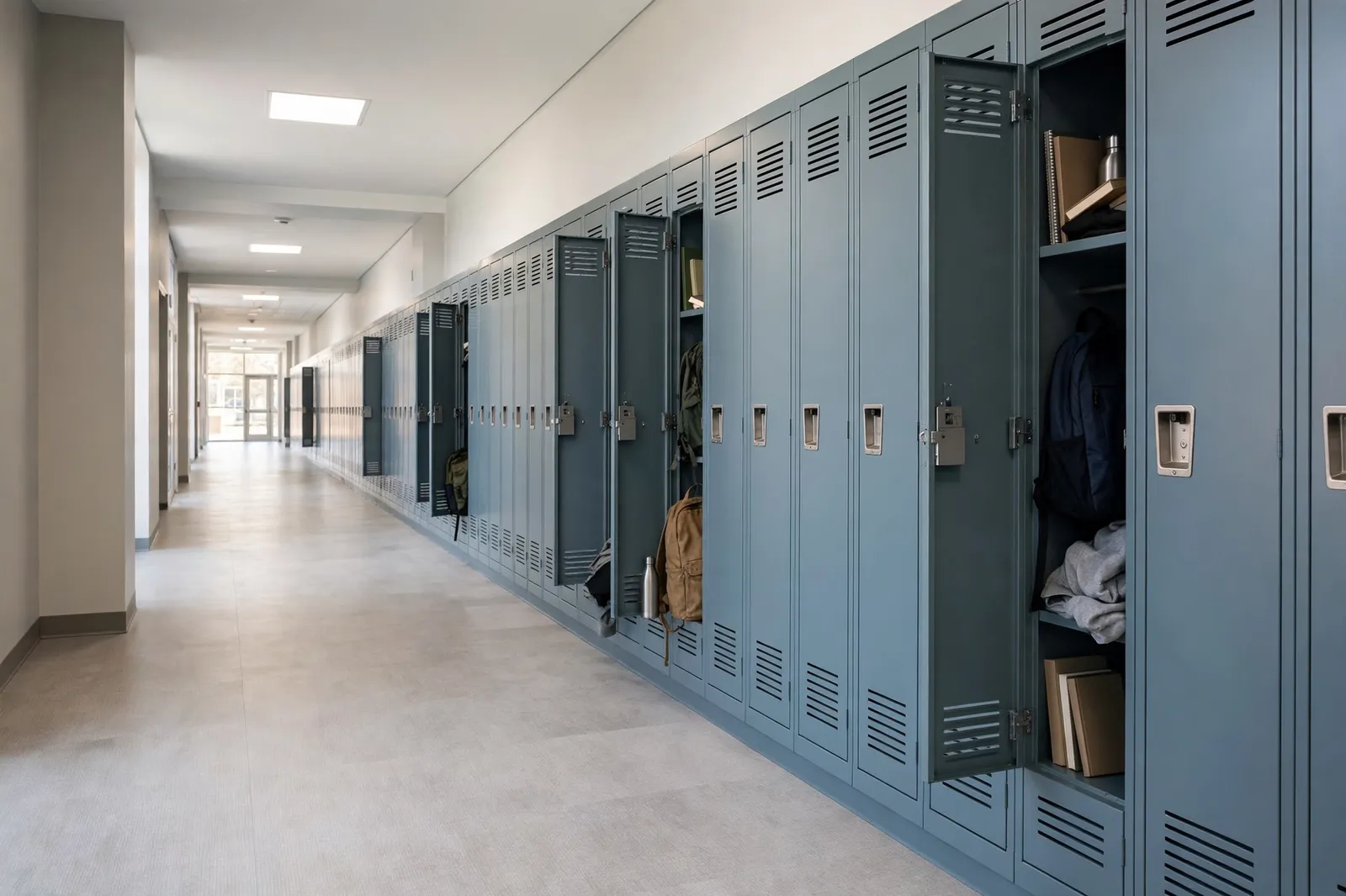 A run of steel school lockers in a corridor