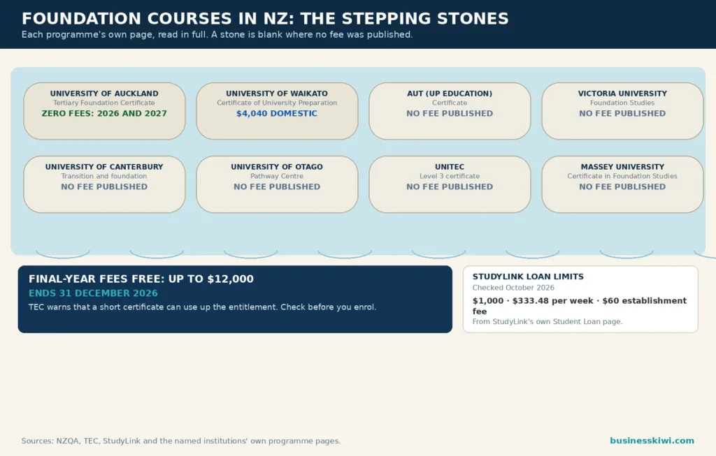 Foundation courses stepping stones infographic: Auckland Tertiary Foundation Certificate zero fees 2026 and 2027, Waikato Certificate of University Preparation $4,040 domestic, six programmes with no fee published, final-year Fees Free up to $12,000 ending 31 December 2026, and StudyLink loan limits checked October 2026