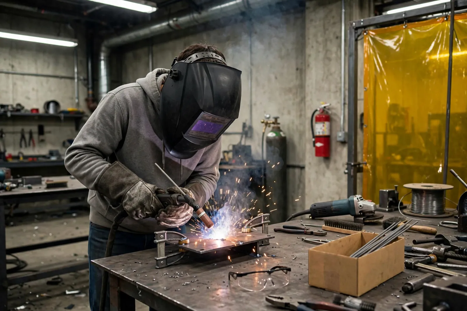 A student learning to weld in a training workshop