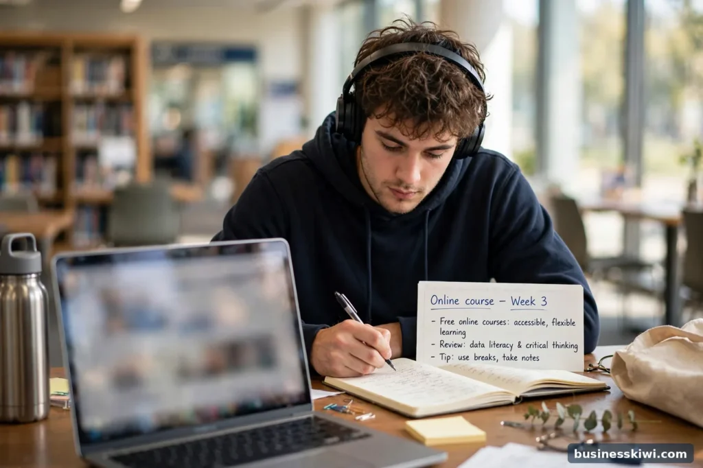 A student taking an online course on a laptop at a public library