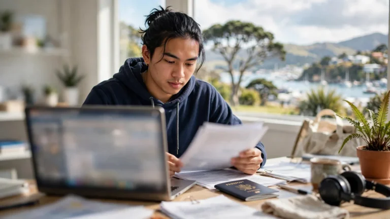 Student reviewing visa application documents at a desk with a laptop and passport
