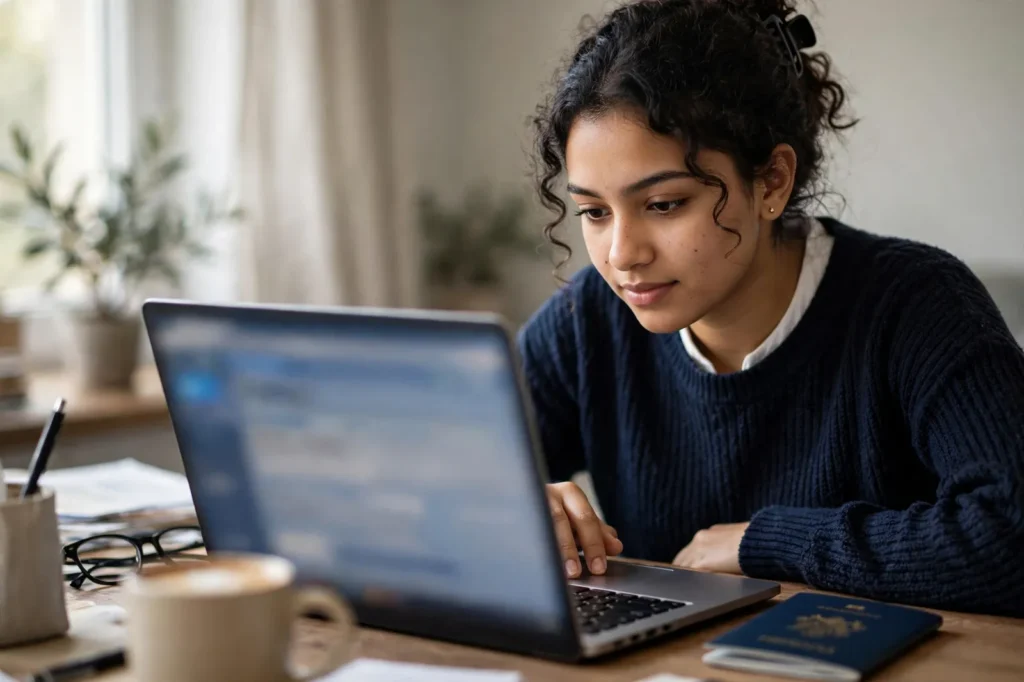 A student completing a visa application online with her passport beside her