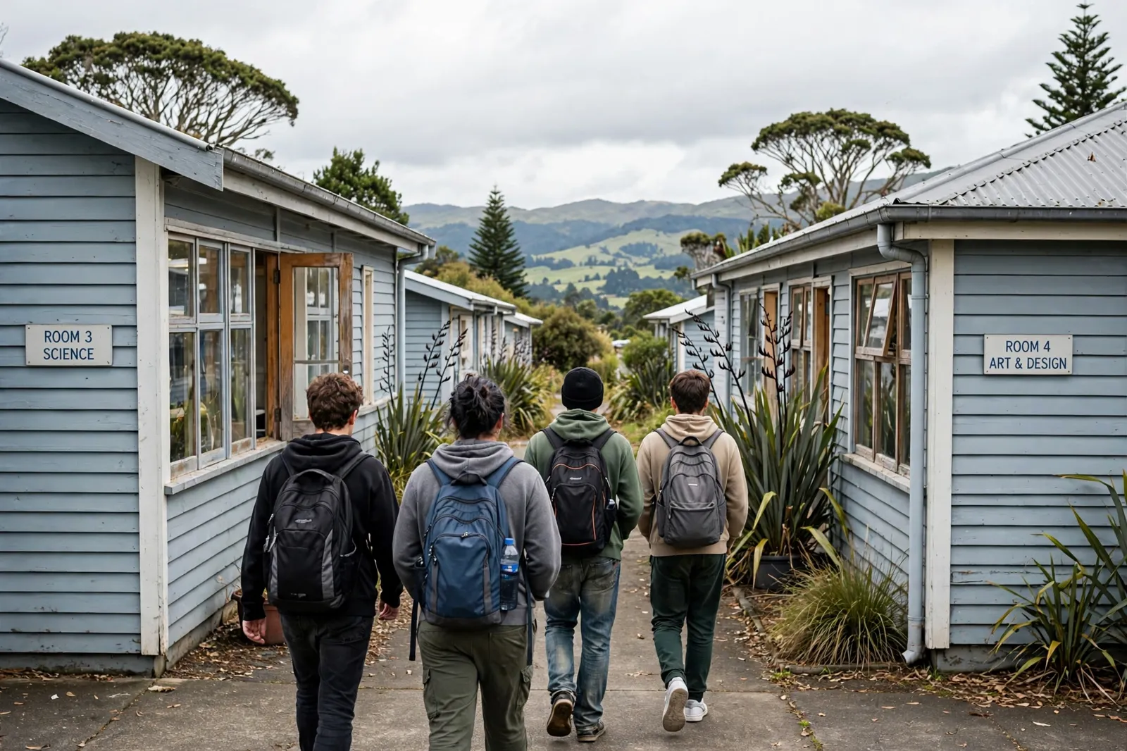 Students walking between classroom blocks at a New Zealand secondary school