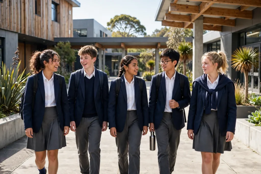 Students walking across the school courtyard between classes