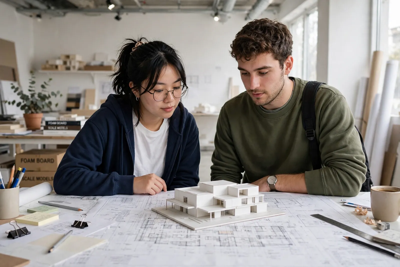 Construction students reviewing building plans in a studio