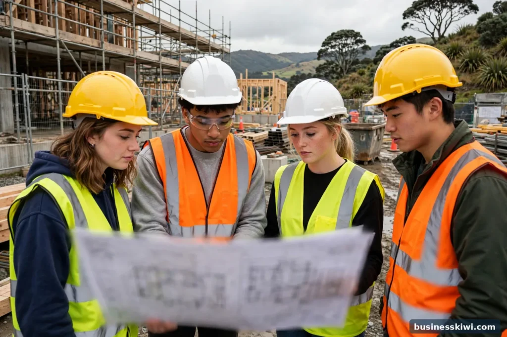 Construction management students reviewing plans on site
