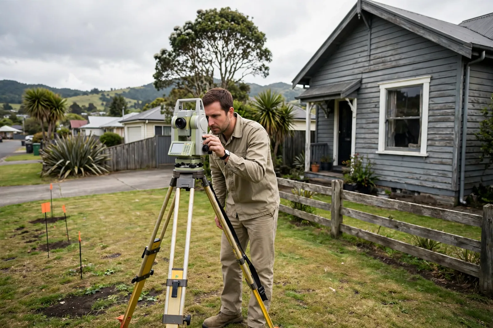 A surveyor checking a boundary with a total station