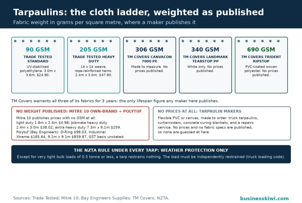 Tarp cloth swatch ladder by published fabric weight: Trade Tested standard at 90 grams per square metre and heavy duty at 205, then the TM Covers fabrics Canvacon at 306, Landmark Tearstop at 340 and Trident Ripstop at 690, with panels for the ranges that publish no weight and the maker that publishes no prices, over the NZTA rule that a tarp is weather protection only, not load restraint