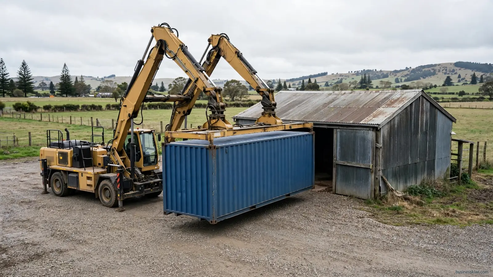 A swinglift placing a container