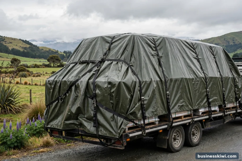 A tarpaulin strapped over a trailer load