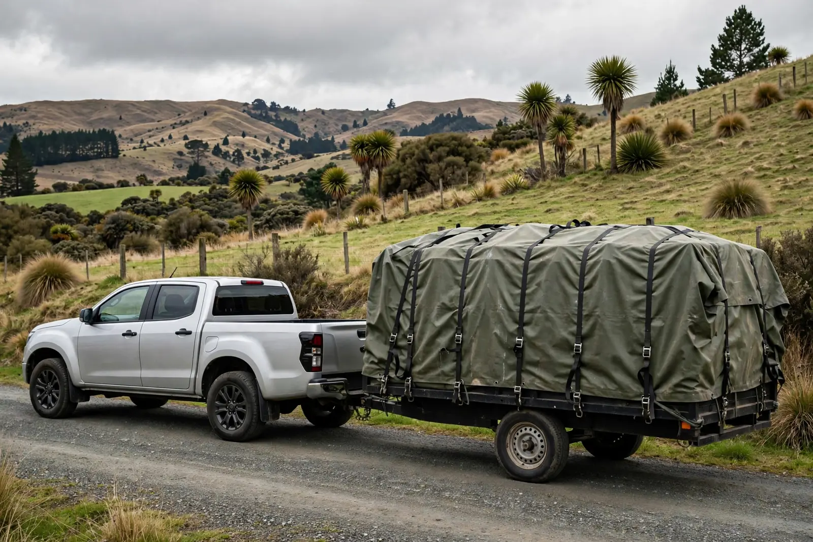 A heavy duty tarpaulin strapped over a load on a trailer