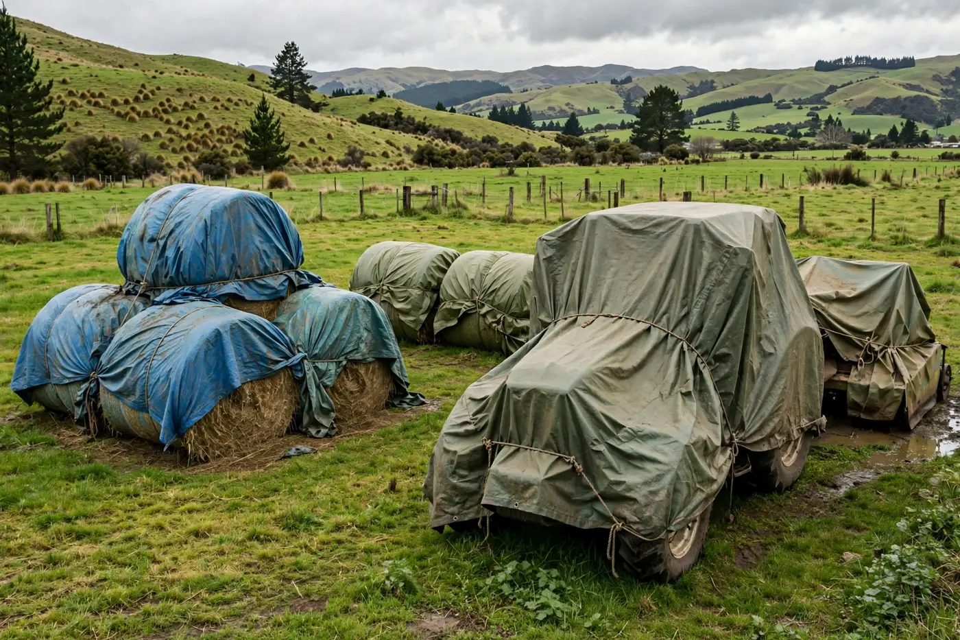 Tarpaulins covering hay bales and equipment on a farm