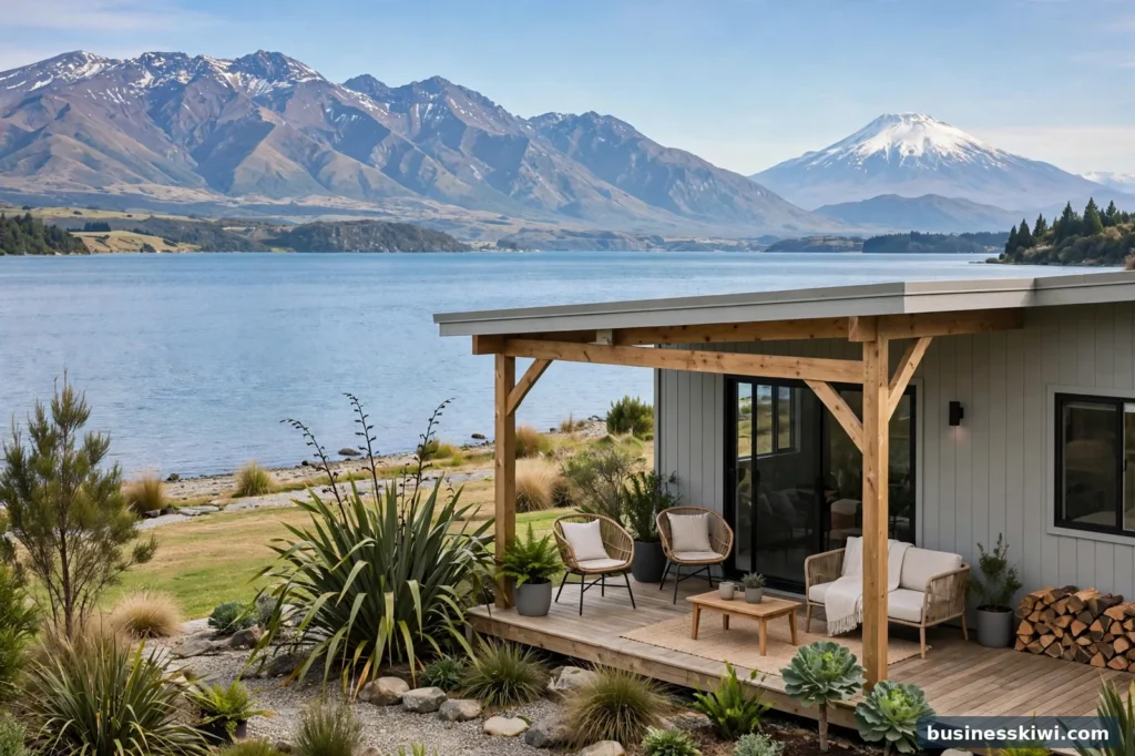 A rental home in Taupo with the lake and mountains behind it
