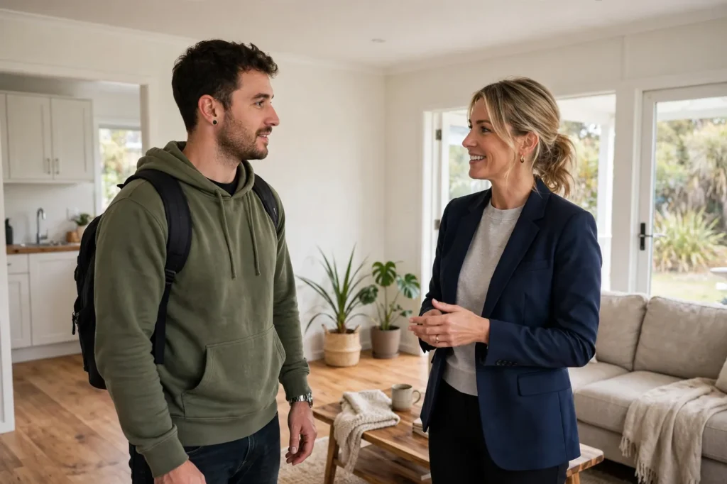 A tenant viewing a rental home with a property manager