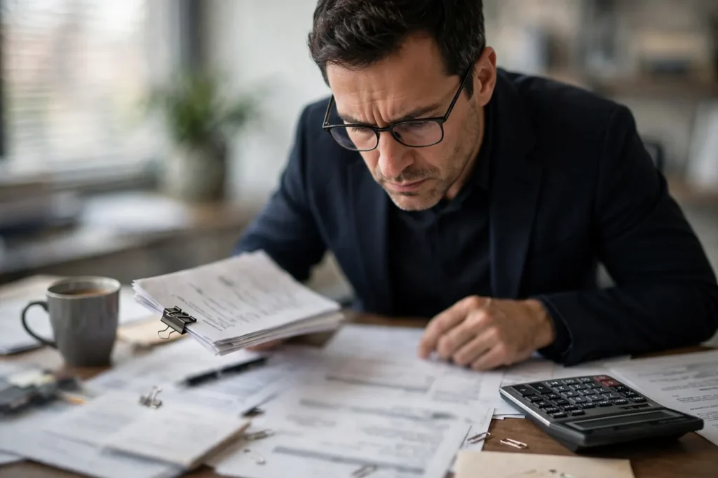 A business owner reviewing tax debt statements at his desk