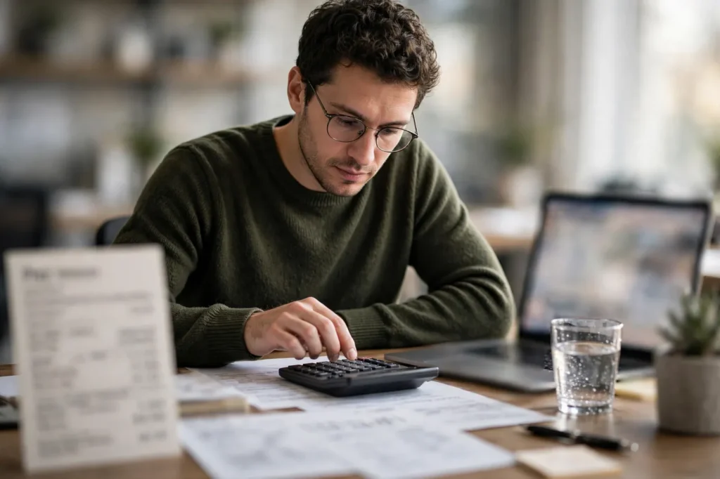 A man working through tax figures with a calculator