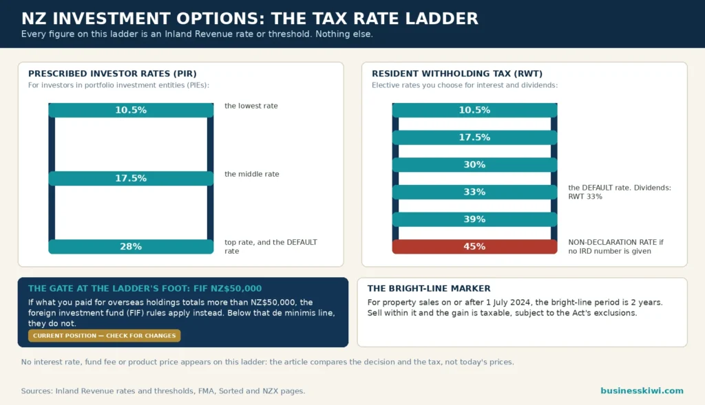 Investment options tax rate ladder infographic: PIR rates 10.5, 17.5 and 28 percent, RWT elective rates 10.5 to 39 percent with 33 percent default and 45 percent non-declaration rate, FIF de minimis threshold NZ$50,000 as the current position, and the 2 year bright-line for sales on or after 1 July 2024