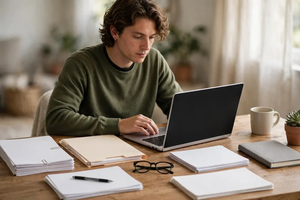 A person filing their tax return on a laptop with paperwork organised beside them