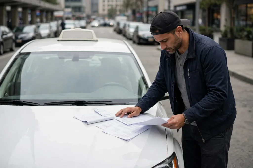 A taxi driver checking insurance paperwork on the bonnet of his taxi