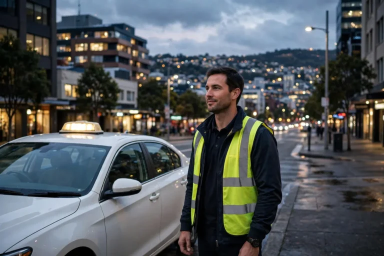 Taxi driver standing beside a white taxi on a Wellington street at dusk in New Zealand