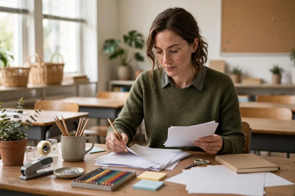 A teacher preparing lessons at her classroom desk