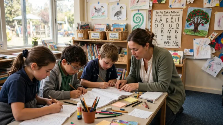 A teacher helping primary school students with classwork in a New Zealand classroom
