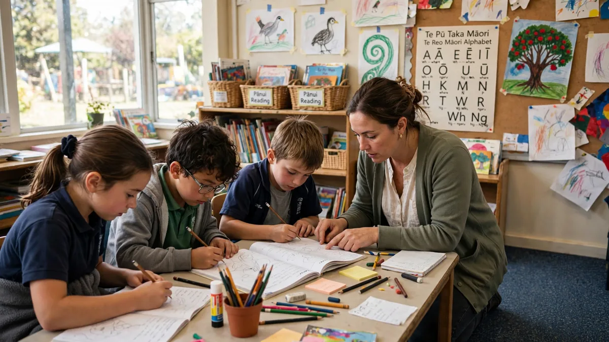 A teacher helping primary school students with classwork in a New Zealand classroom