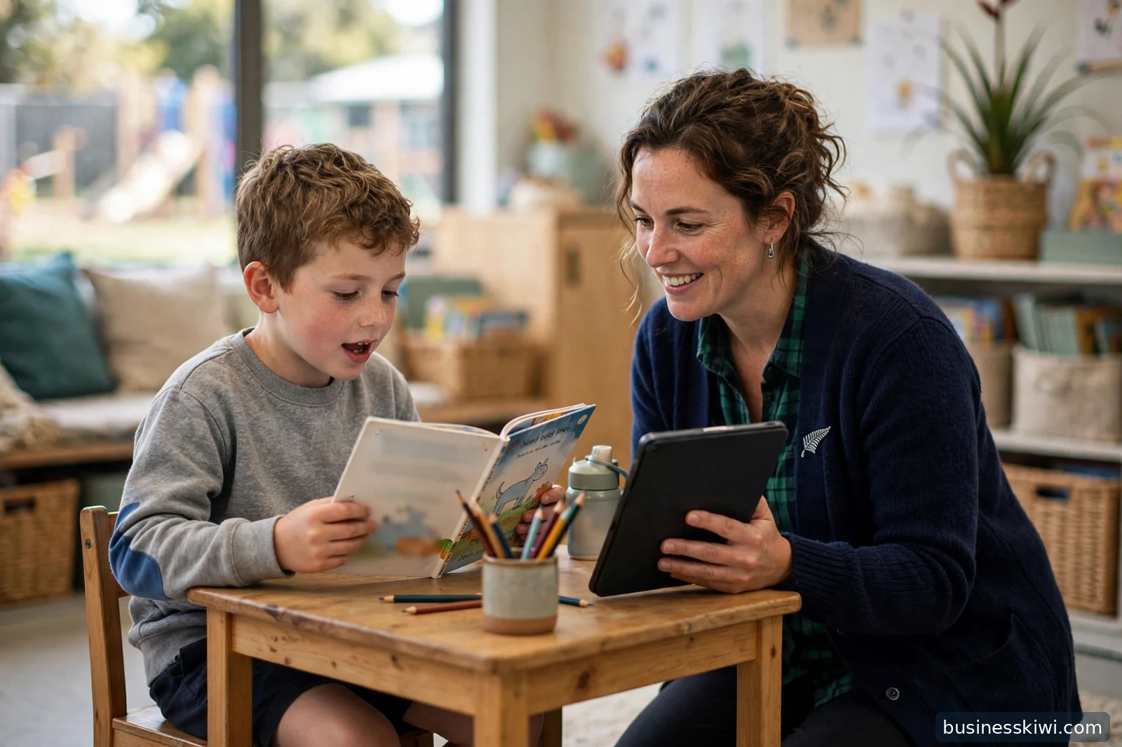 A teacher with a tablet listening to a young boy read aloud from his book at a classroom reading table, businesskiwi.com