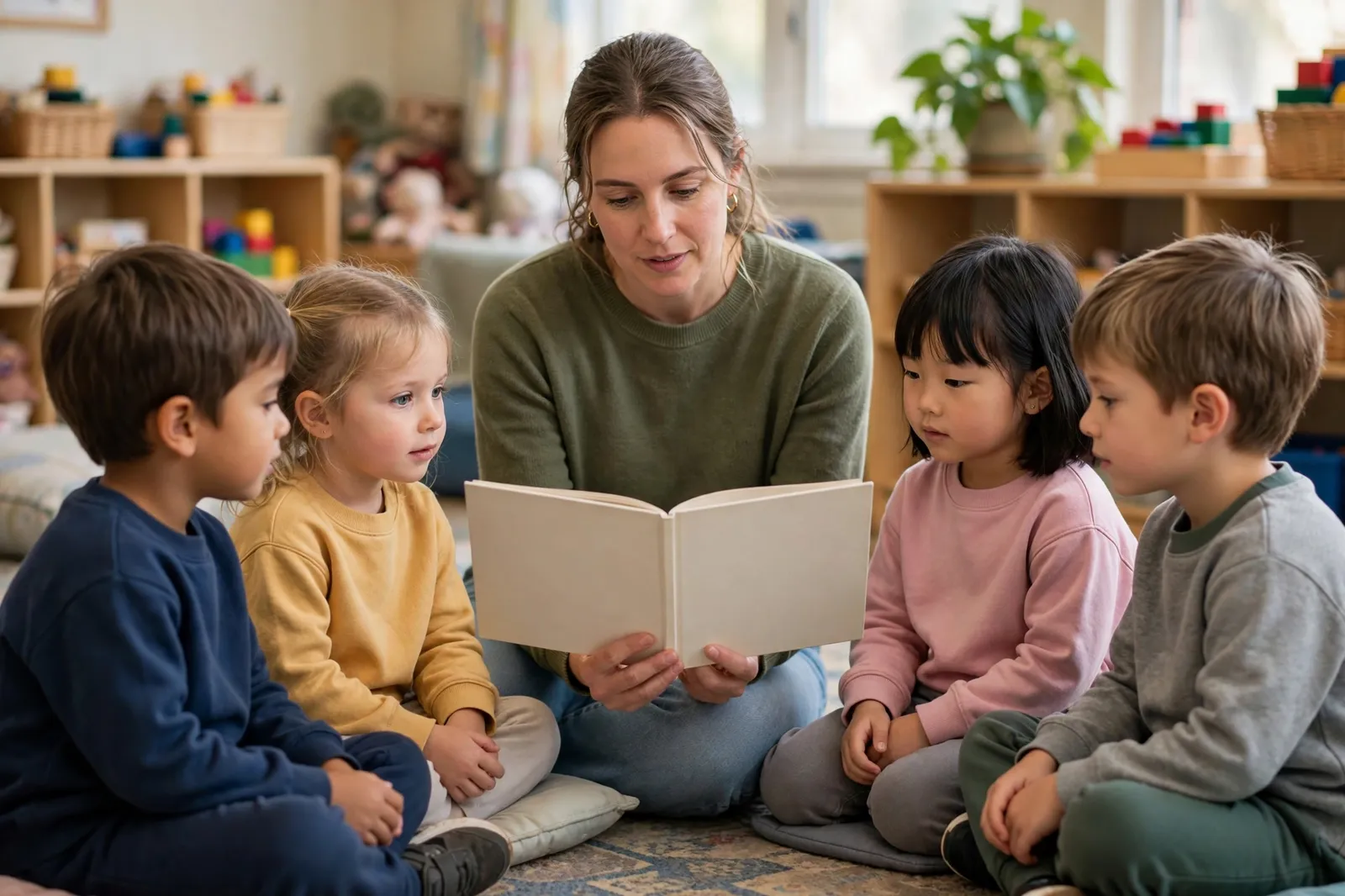A teacher reading a story at mat time