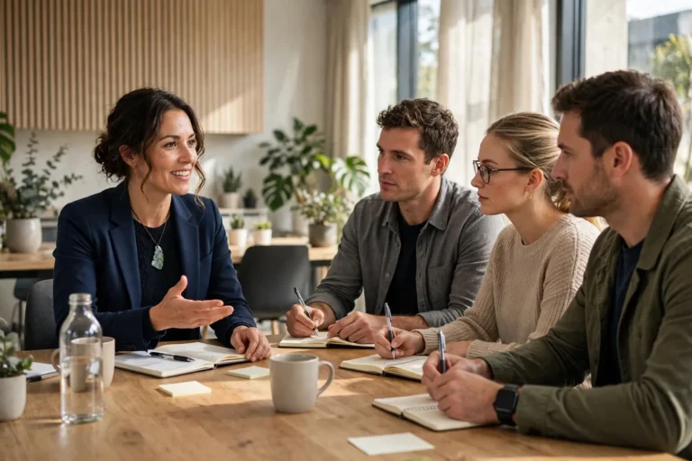A team leader facilitating a meeting with colleagues around a table