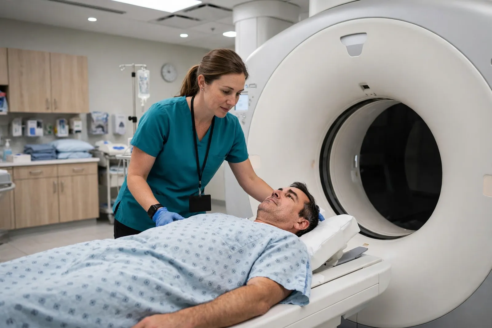A medical imaging technologist positioning a patient on a CT scanner bed