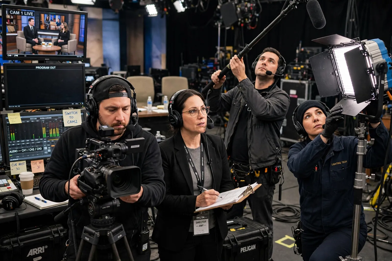 A television production crew at work in a studio