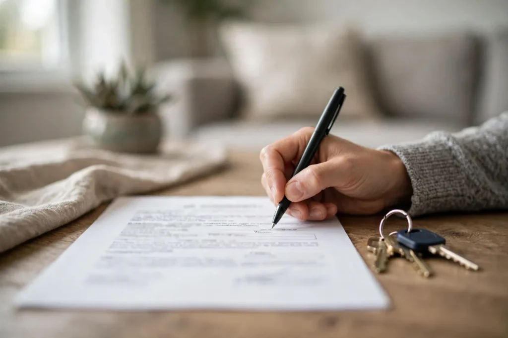 A tenant signing a tenancy agreement with the house keys beside it