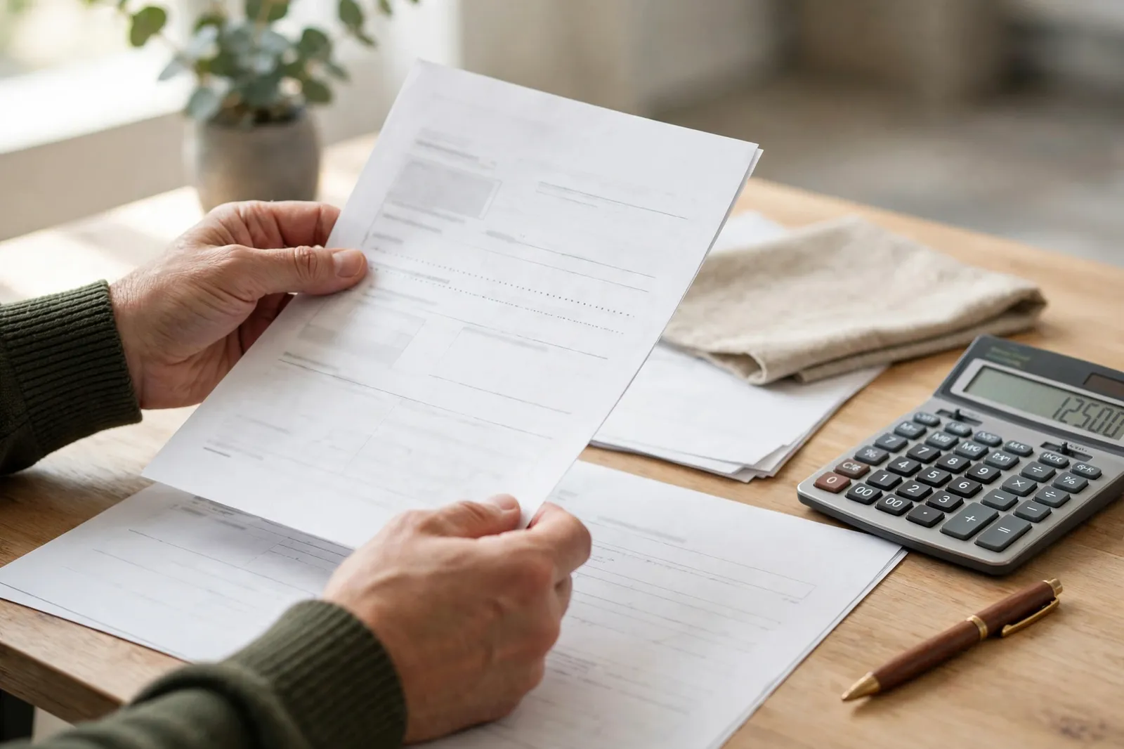Hands reviewing term deposit documents at a desk with a calculator