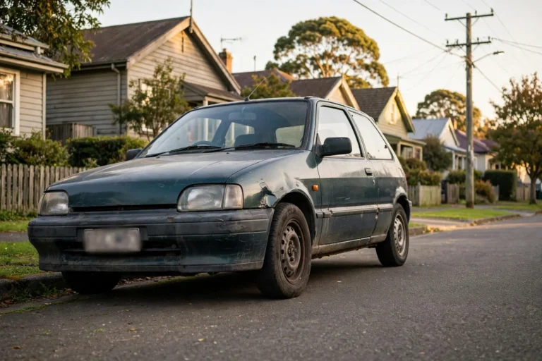 An older hatchback parked on a New Zealand suburban street, the type of low-value car often covered by third party insurance