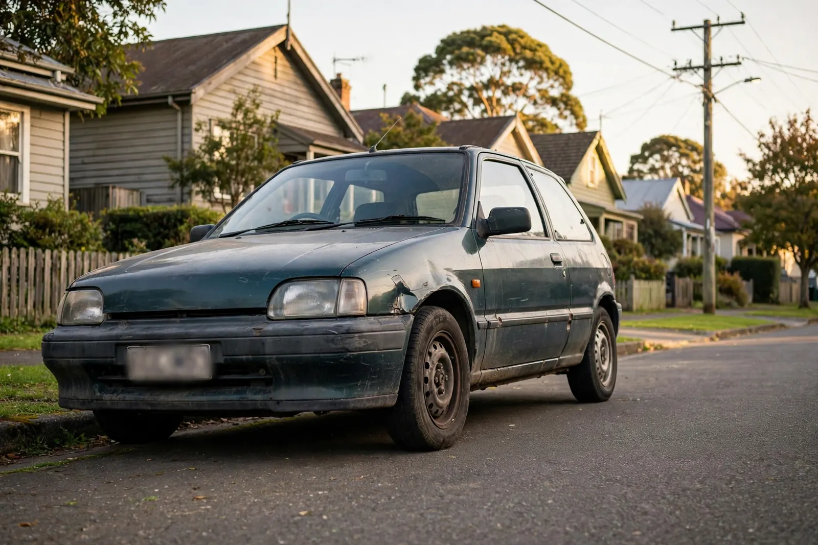 An older hatchback parked on a New Zealand suburban street, the type of low-value car often covered by third party insurance