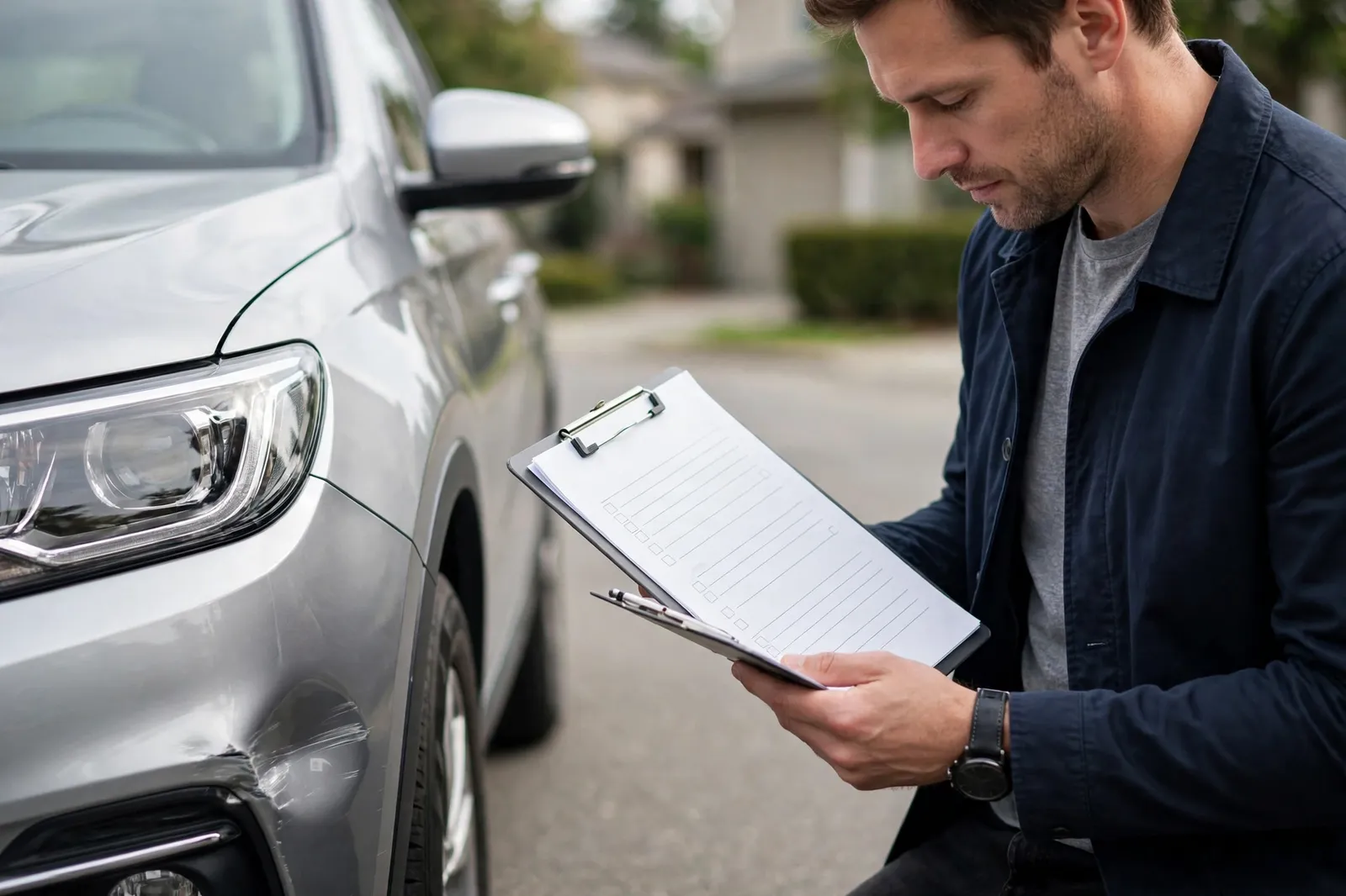 A car owner checking damage to his car while holding a claim form