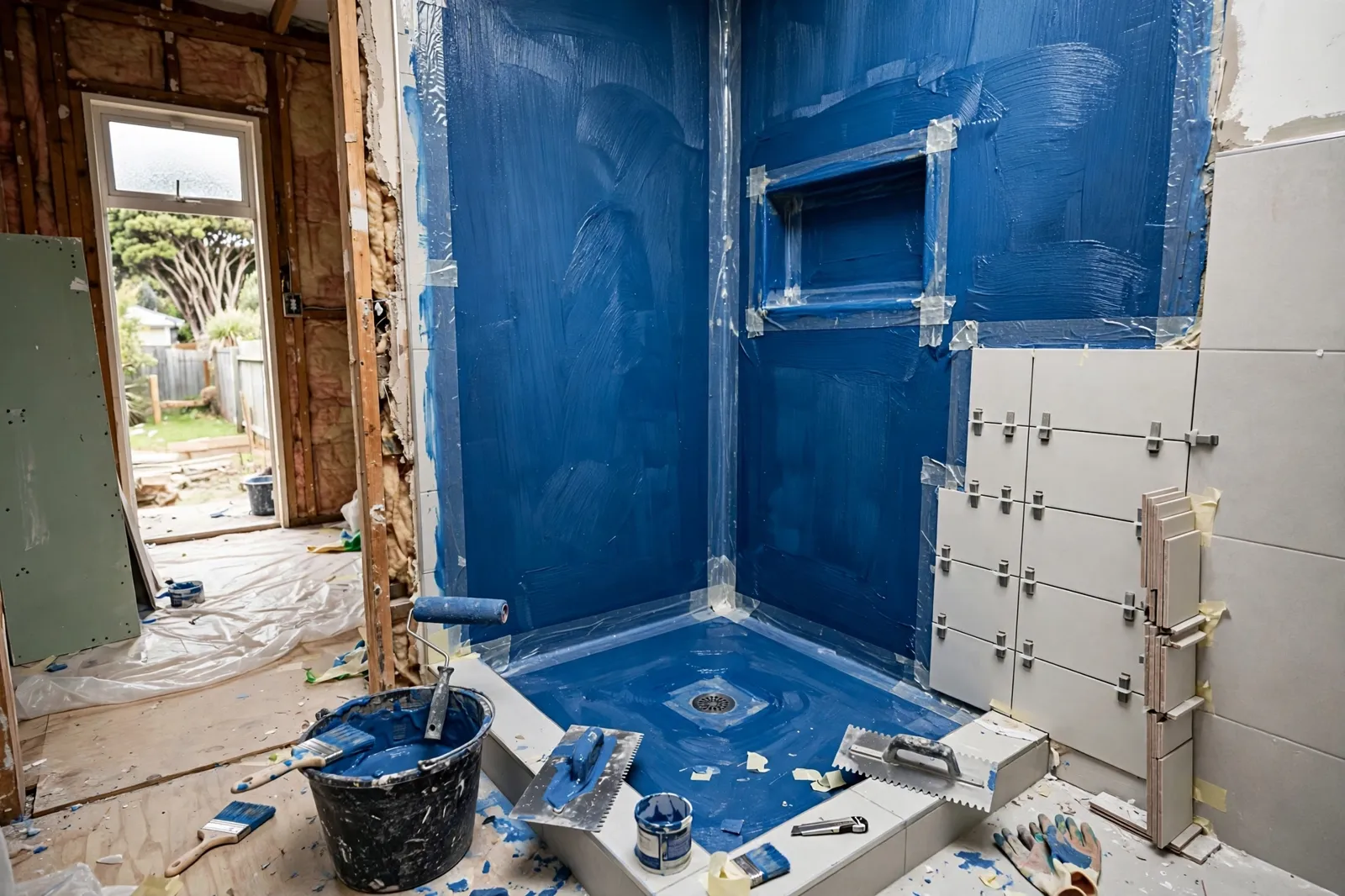 Waterproofing being applied in a tiled shower